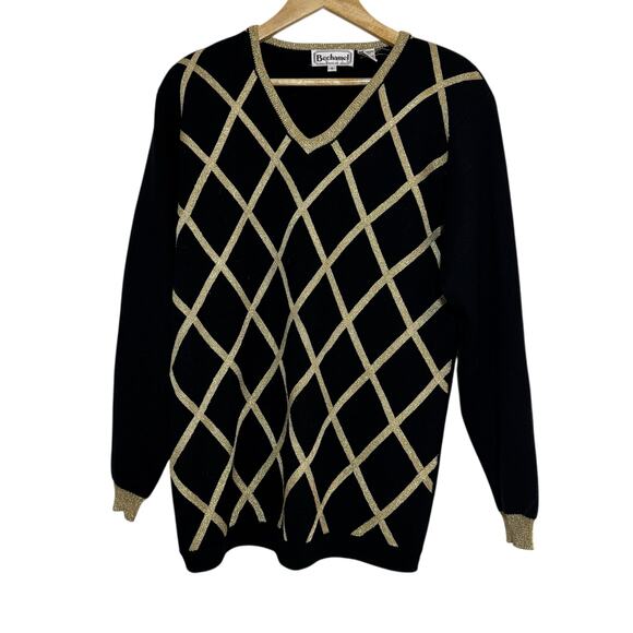 Bechamel Gold Black V Neck Sweater Size MEDIUM Lattice Trellis Grid Lambswool - Picture 1 of 8